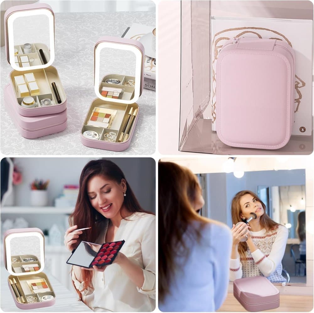 Portable Makeup Bag with LED Mirror 3 Light Modes, Travel Cosmetic Organizer for Women, Pink - Image 8