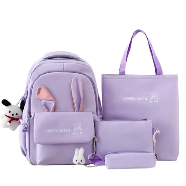 Cute Rabbit Ears School Backpack for Girls 4-Piece, Large Space with Multiple Compartments, Purple - Image 1