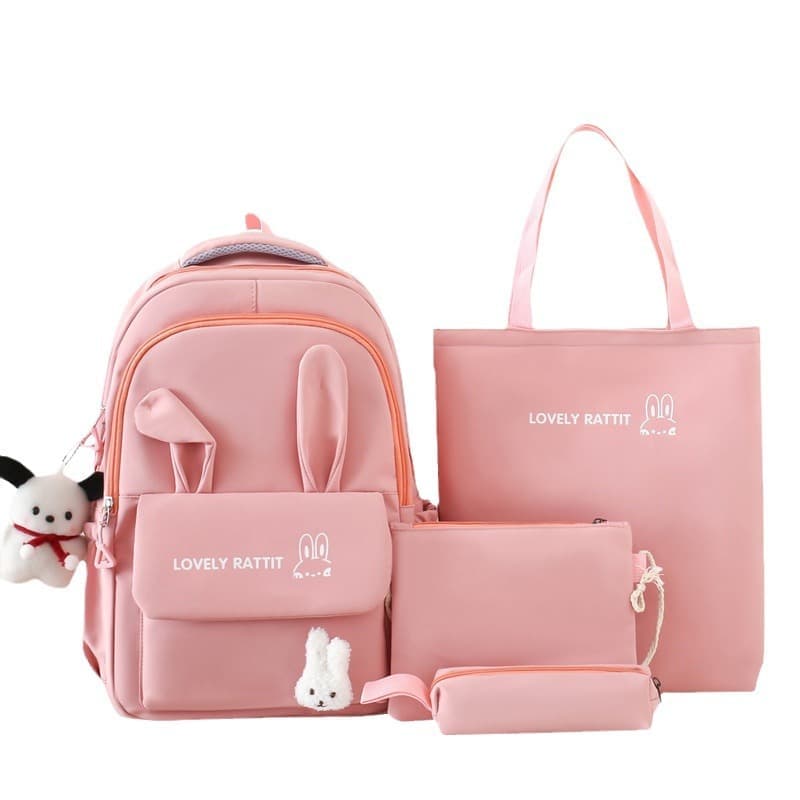 Cute Rabbit Ears School Backpack for Girls 4-Piece with Multiple Compartments Large Space, Pink, Compatible with Teenage & High School - Image 1