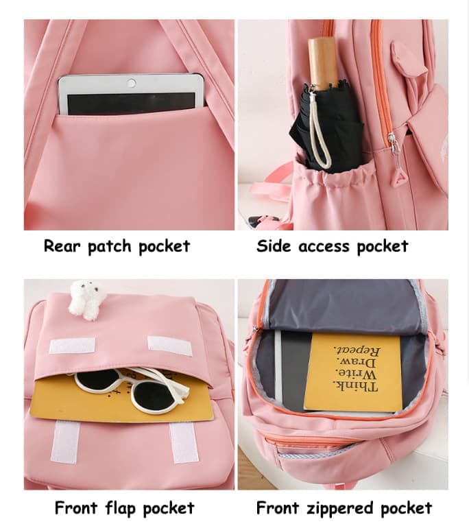 Cute Rabbit Ears School Backpack for Girls 4-Piece with Multiple Compartments Large Space, Pink, Compatible with Teenage & High School - Image 3