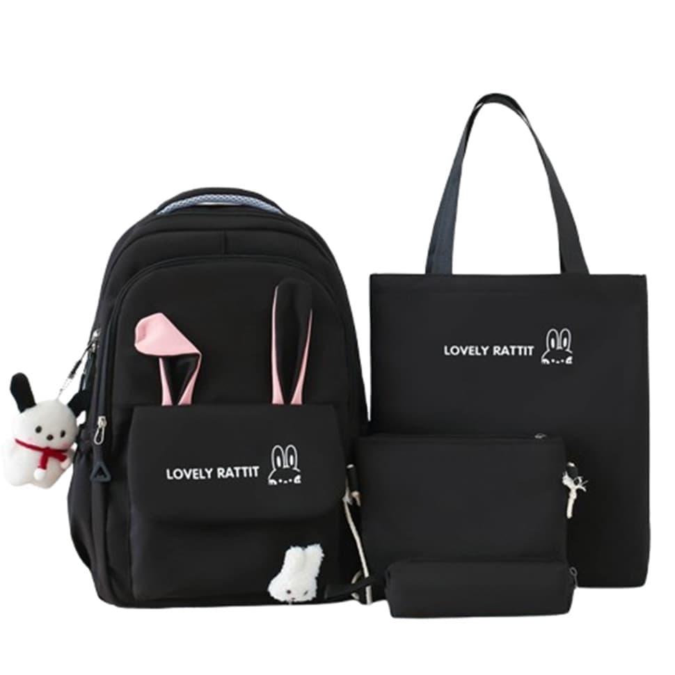 Cute Rabbit Ears Backpack for School Girls, 4-Piece, Large Space with Multiple Compartments, Black - Image 1