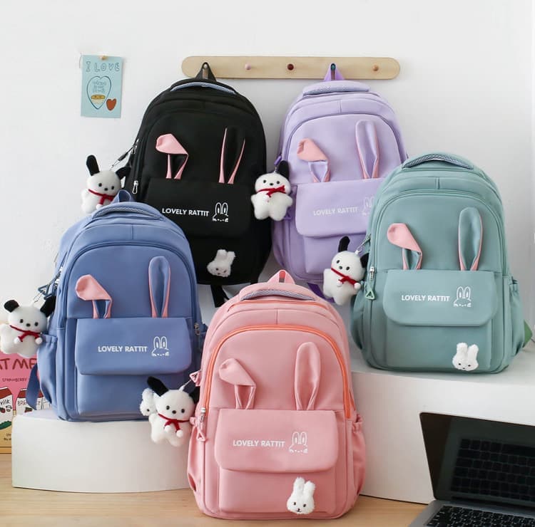 Cute Rabbit Ears Backpack for School Girls, 4-Piece, Large Space with Multiple Compartments, Black - Image 2