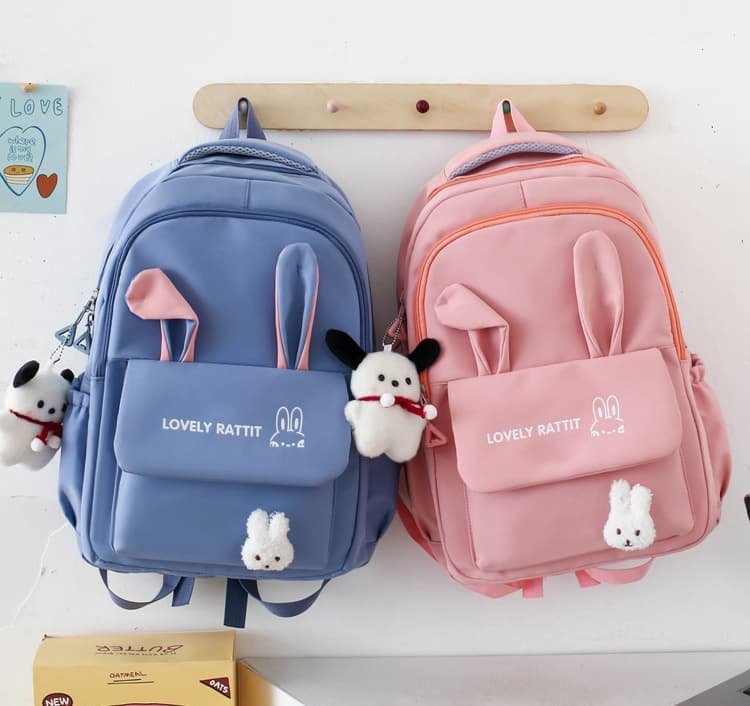 Cute Rabbit Ears Backpack for School Girls, 4-Piece, Large Space with Multiple Compartments, Black - Image 5
