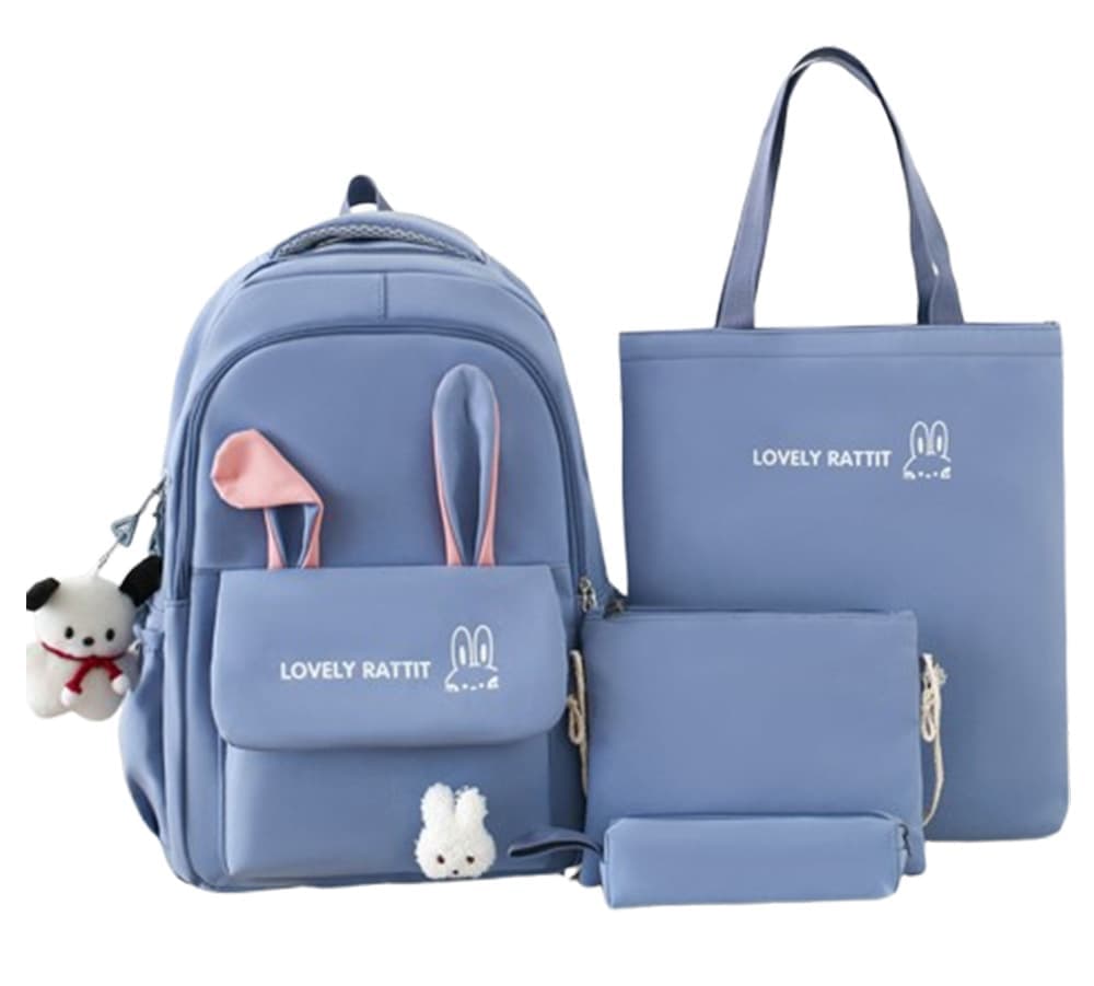 Cute Rabbit Ears School Backpack for Girls 4-Piece, Large Space Multiple Compartments, Blue, with Oral-B - Image 1