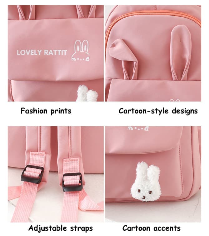 Cute Rabbit Ears School Backpack for Girls 4-Piece, Large Space Multiple Compartments, Blue, with Oral-B - Image 4