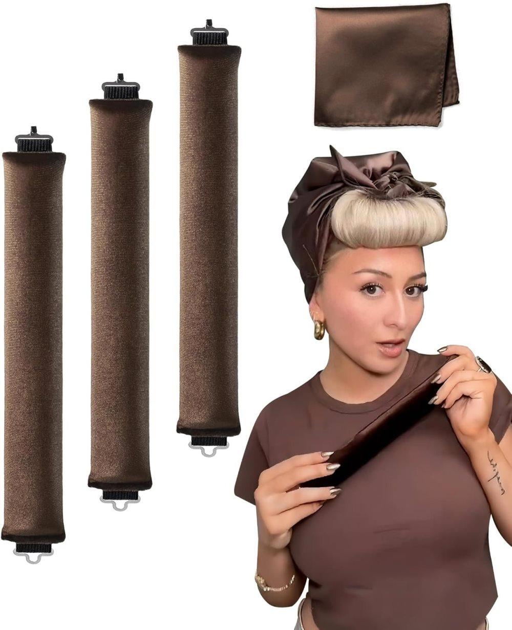 4-Piece Heat-Free Hair Curlers, Flexible Curling Rollers with Hook for Gentle Hair Care, Dark Brown - Image 1