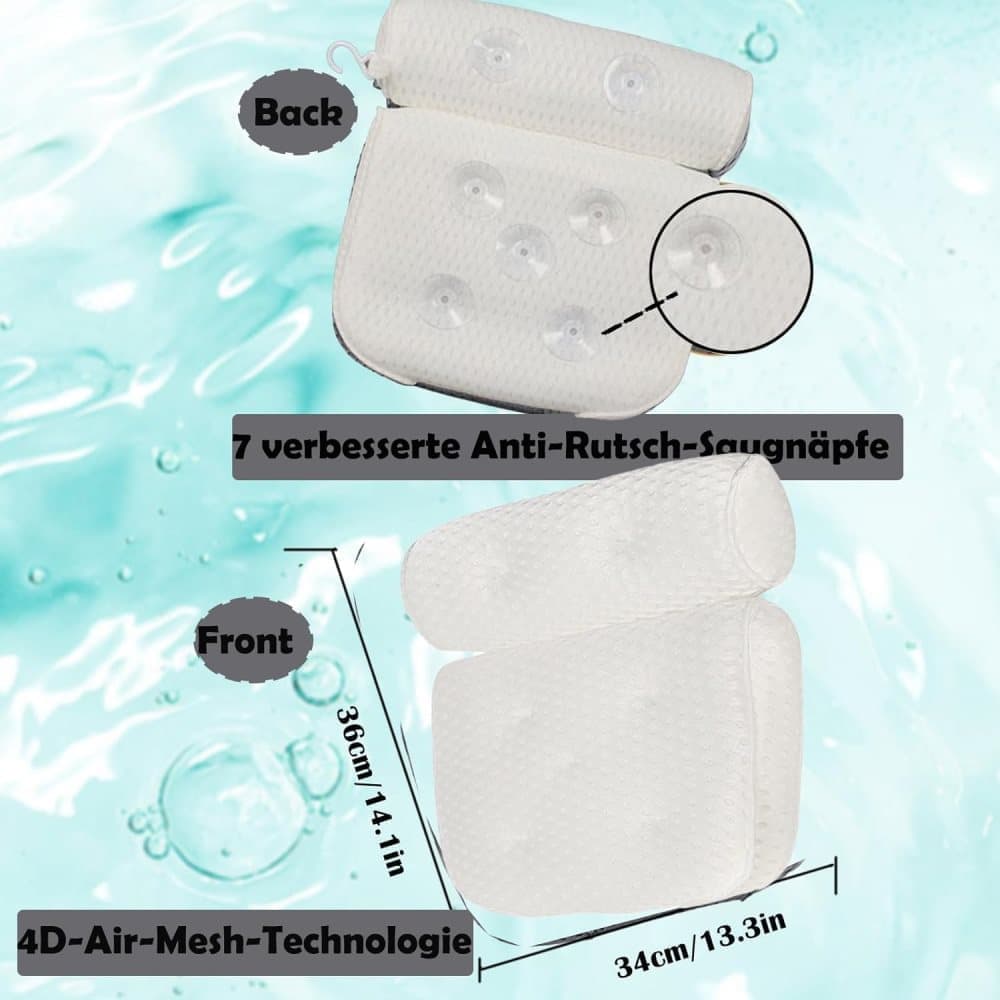 Bathtub Cushion with 7 Suction Cups and 4D Breathable Headrest for Relaxation, White, Compatible with Bathtubs & Massage Tubs - Image 4