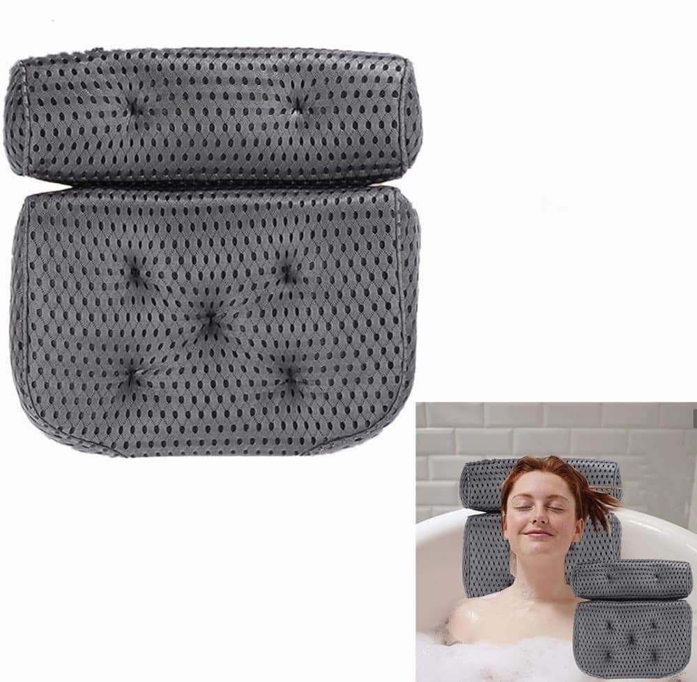 Bathtub Cushion with 7 Suction Cups, 4D Breathable Headrest for Relaxation, Compatible with Bathtubs & Massage Tubs, Gray - Image 1