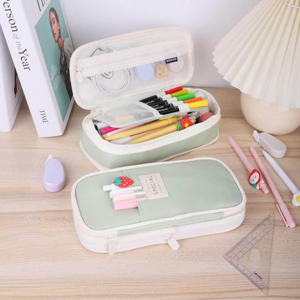 Foldable Multifunctional Pencil Case with Zipper Large Capacity Travel Organizer, Green - Image 2