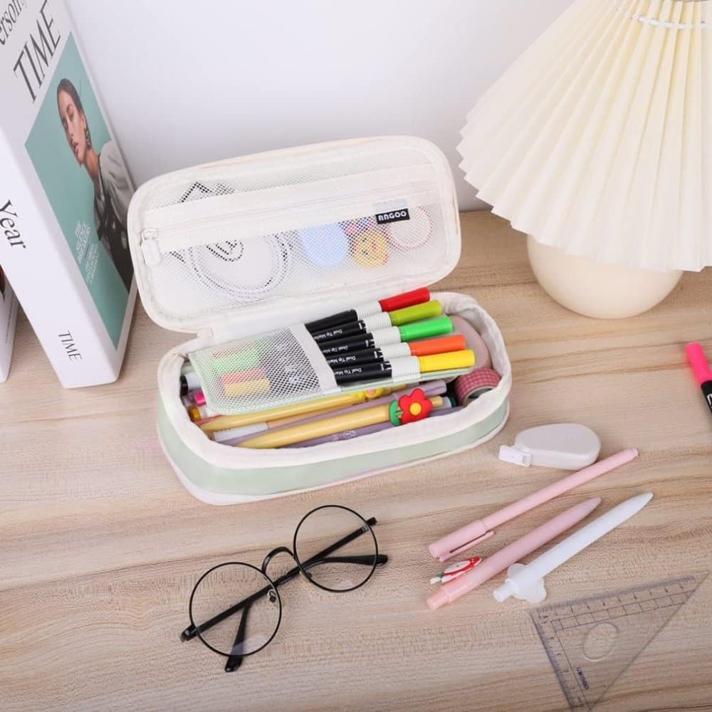 Foldable Multifunctional Pencil Case with Zipper Large Capacity Travel Organizer, Green - Image 3
