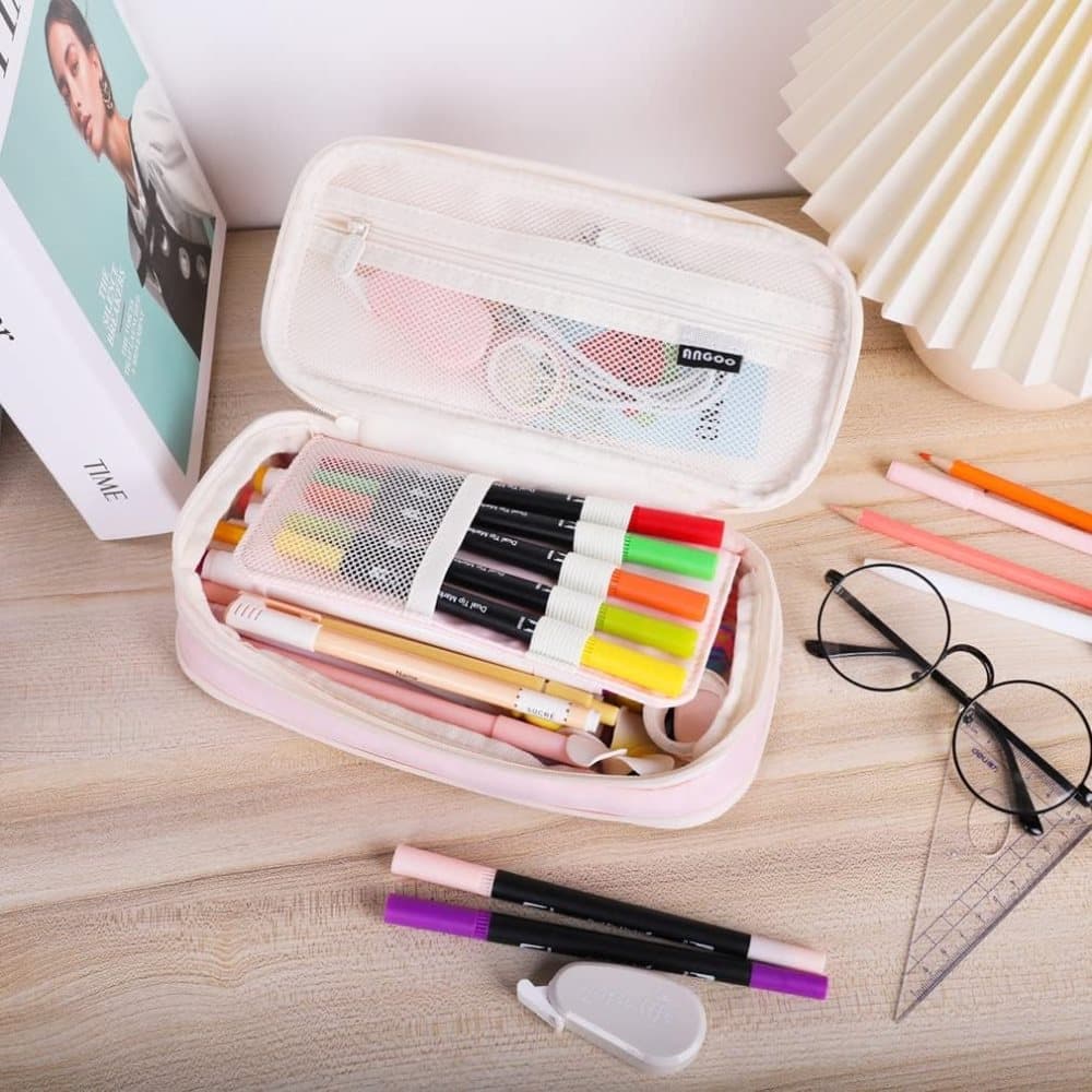 Pink Foldable Multifunctional Pencil Case with Zipper, Large Capacity Travel Pencil Case - Image 4