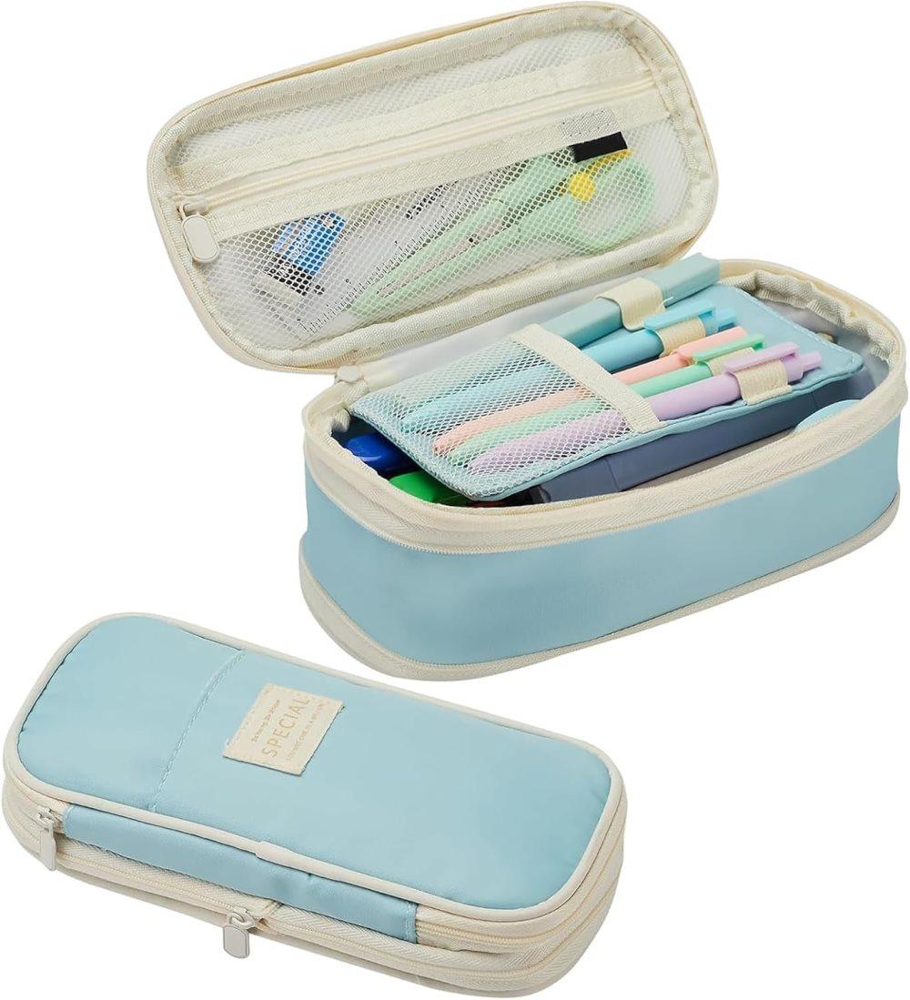 Blue Foldable Multifunctional Zipper Pencil Case, Large Capacity Travel Organizer - Image 1