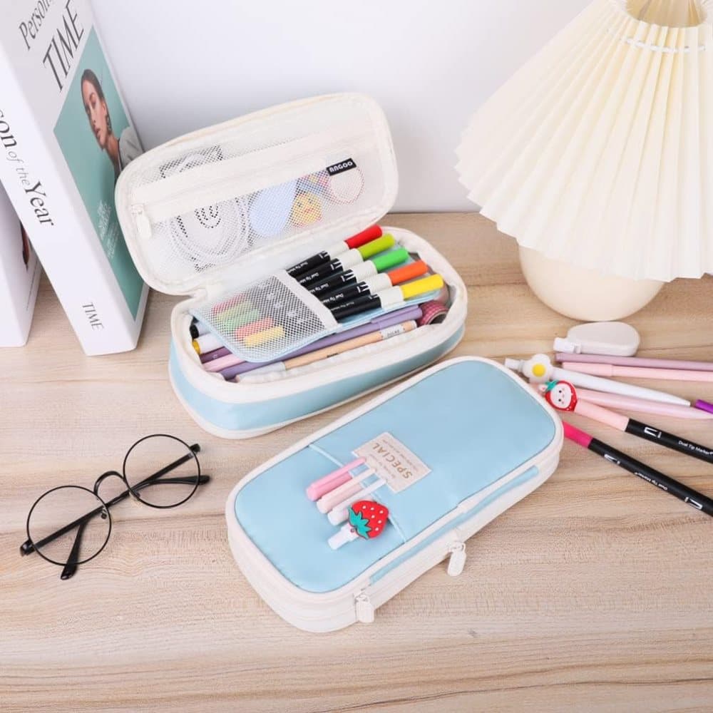 Blue Foldable Multifunctional Zipper Pencil Case, Large Capacity Travel Organizer - Image 2