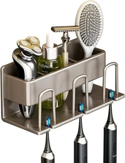 3-Piece Toothbrush Holder with Cup, Wall Mounted No Drilling Aluminum, Compatible with Oral-B, Light Gray - Image 1