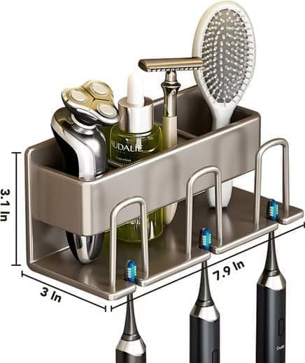 3-Piece Toothbrush Holder with Cup, Wall Mounted No Drilling Aluminum, Compatible with Oral-B, Light Gray - Image 2