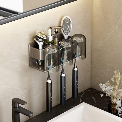 3-Piece Toothbrush Holder with Cup, Wall Mounted No Drilling Aluminum, Compatible with Oral-B, Light Gray - Image 3