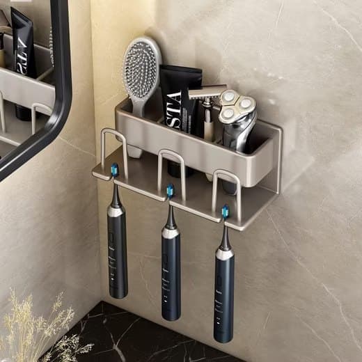 3-Piece Toothbrush Holder with Cup, Wall Mounted No Drilling Aluminum, Compatible with Oral-B, Light Gray - Image 4