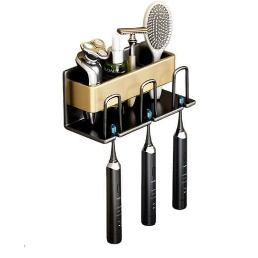 3-Piece Toothbrush Holder with Cup, Wall Mount No Drilling, Aluminum, Compatible with Oral-B, Gold - Image 1