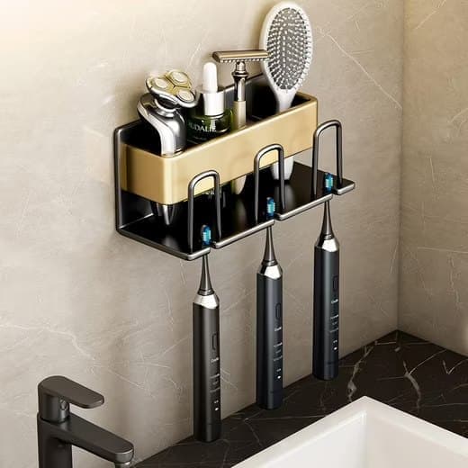 3-Piece Toothbrush Holder with Cup, Wall Mount No Drilling, Aluminum, Compatible with Oral-B, Gold - Image 2