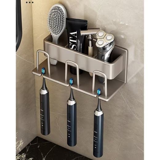 3-Piece Toothbrush Holder with Cup, Wall Mount No Drilling, Aluminum, Compatible with Oral-B, Gold - Image 3