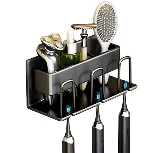 3-Piece Toothbrush Holder with Cup, Wall Mount No Drilling, Aluminum, Compatible with Oral-B, Black - Image 1