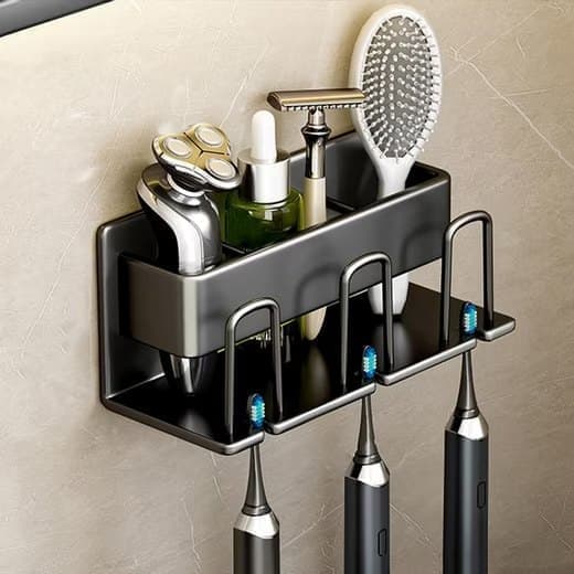 3-Piece Toothbrush Holder with Cup, Wall Mount No Drilling, Aluminum, Compatible with Oral-B, Black - Image 2