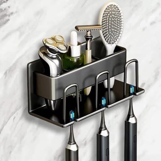3-Piece Toothbrush Holder with Cup, Wall Mount No Drilling, Aluminum, Compatible with Oral-B, Black - Image 3