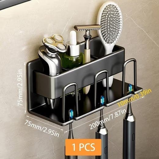 3-Piece Toothbrush Holder with Cup, Wall Mount No Drilling, Aluminum, Compatible with Oral-B, Black - Image 4