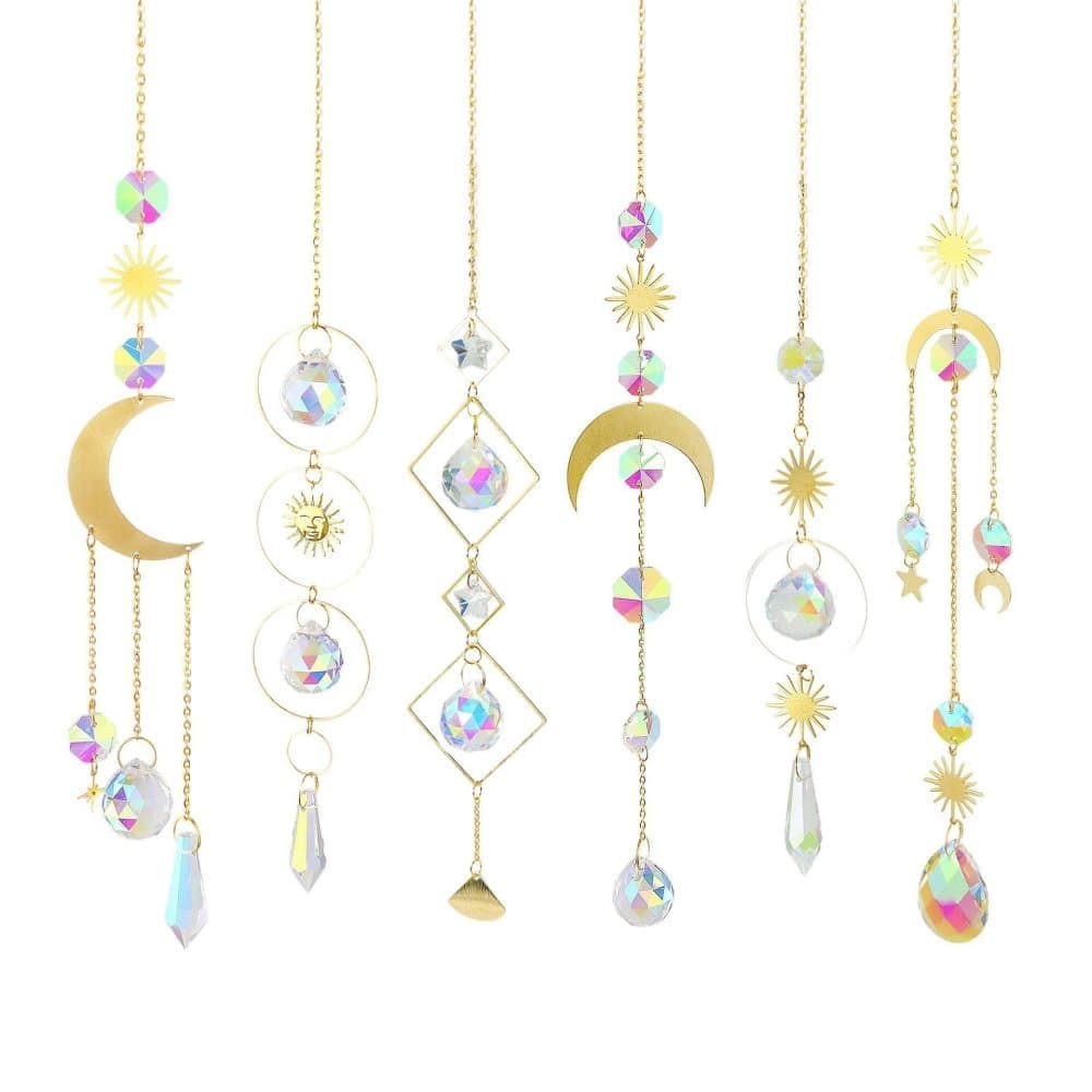 Solar Wind Chimes 6-pack with Crystal Pendants, Reflects Light for Beautiful Patterns, 12 inches, Gold - Image 1