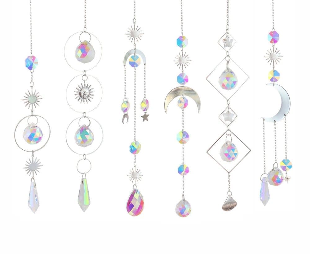 6-pack Solar Wind Chimes with Crystal Pendants, 12 inches, Silver - Reflects Light for Beautiful Patterns - Image 1