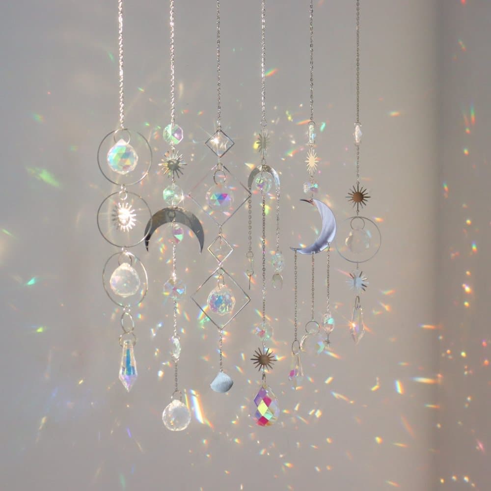 6-pack Solar Wind Chimes with Crystal Pendants, 12 inches, Silver - Reflects Light for Beautiful Patterns - Image 2