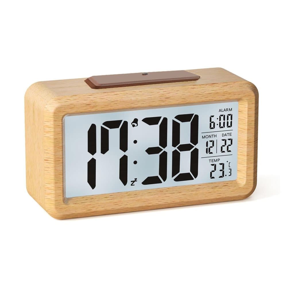 LCD Digital Alarm Clock with Smart Light Sensor, Manual Backlight, Snooze, Battery Operation, Solid Beech - Image 1
