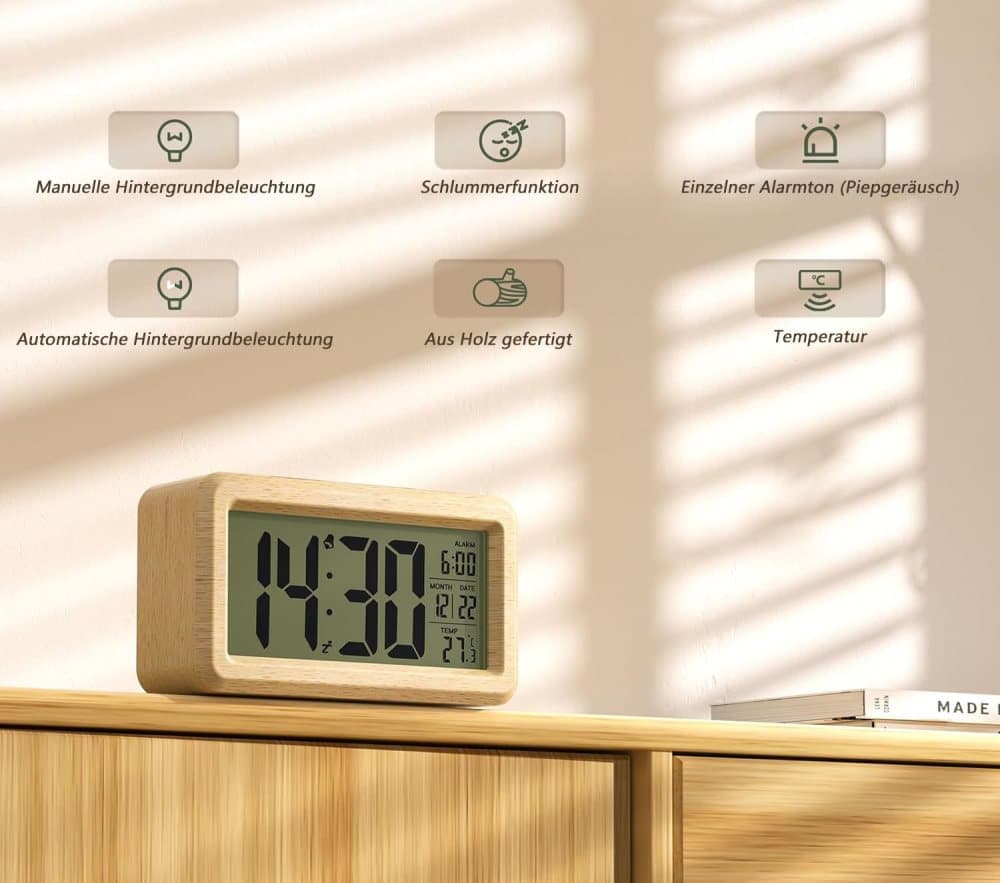 LCD Digital Alarm Clock with Smart Light Sensor, Manual Backlight, Snooze, Battery Operation, Solid Beech - Image 2