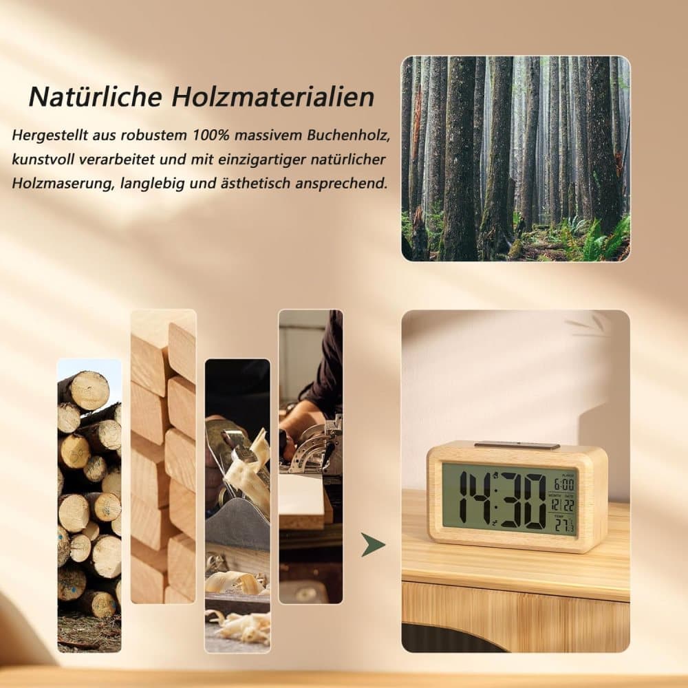 LCD Digital Alarm Clock with Smart Light Sensor, Manual Backlight, Snooze, Battery Operation, Solid Beech - Image 3