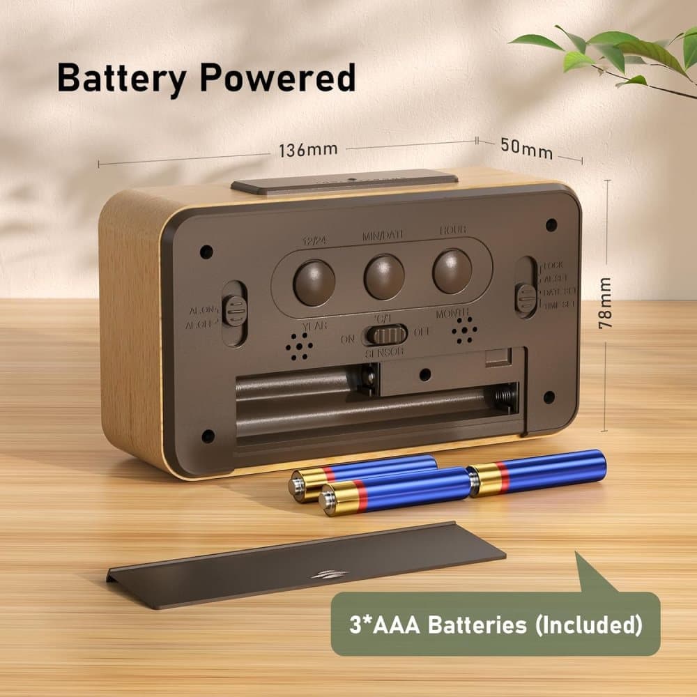 LCD Digital Alarm Clock with Smart Light Sensor, Manual Backlight, Snooze, Battery Operation, Solid Beech - Image 4