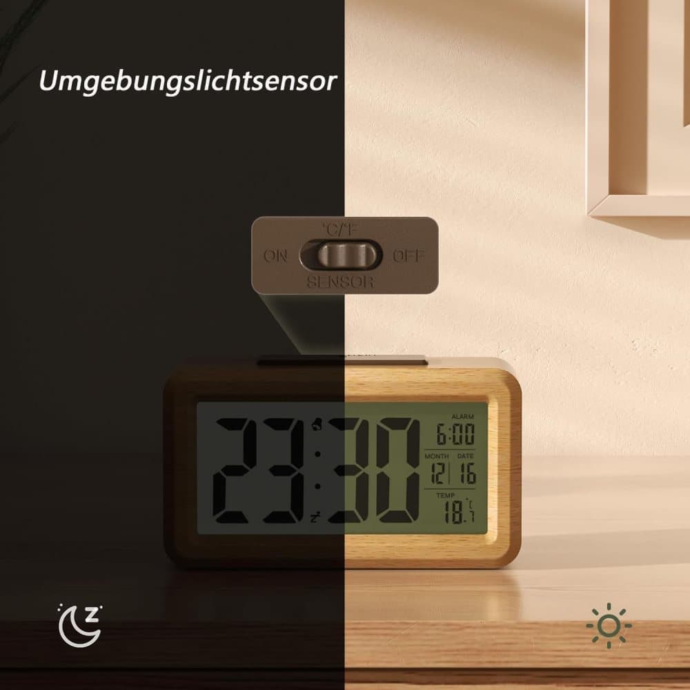 LCD Digital Alarm Clock with Smart Light Sensor, Manual Backlight, Snooze, Battery Operation, Solid Beech - Image 5