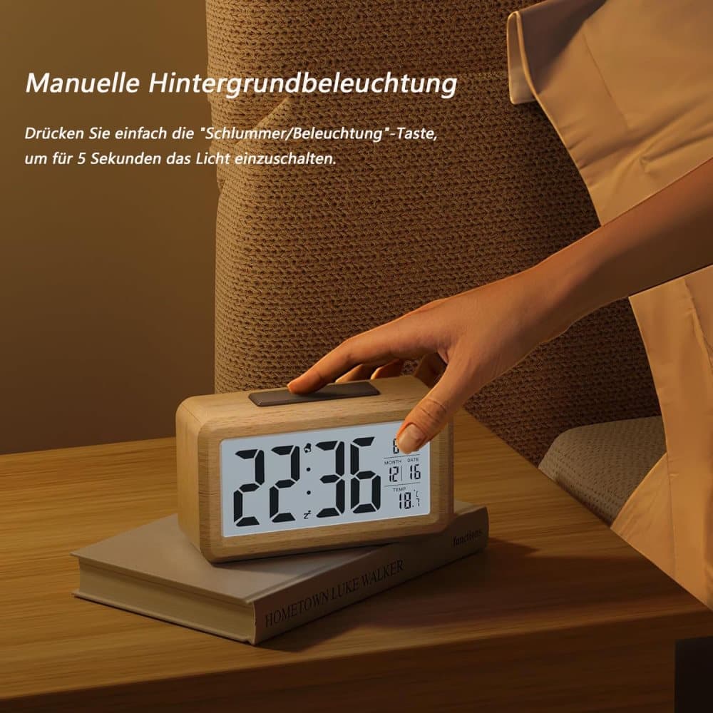 LCD Digital Alarm Clock with Smart Light Sensor, Manual Backlight, Snooze, Battery Operation, Solid Beech - Image 6