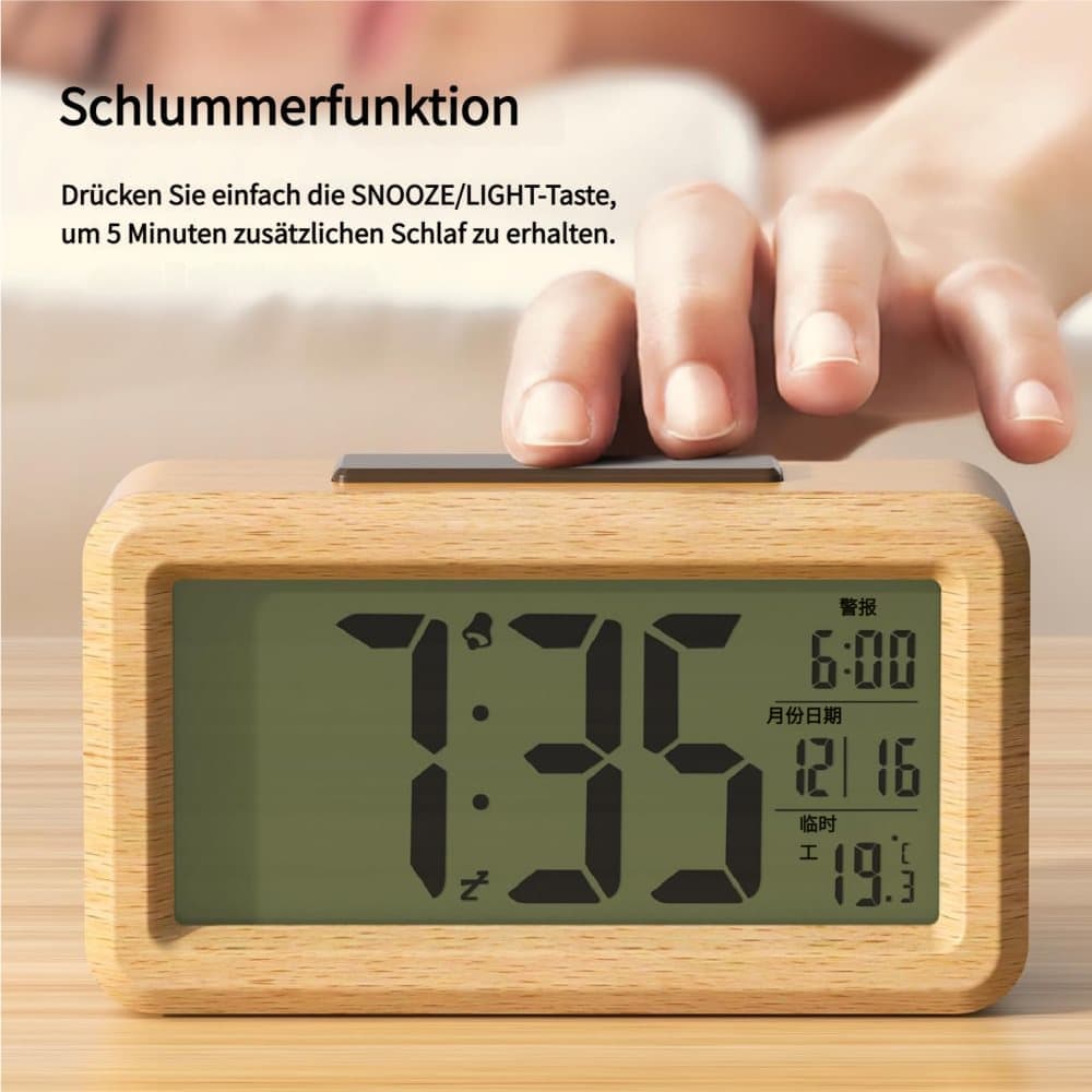 LCD Digital Alarm Clock with Smart Light Sensor, Manual Backlight, Snooze, Battery Operation, Solid Beech - Image 7