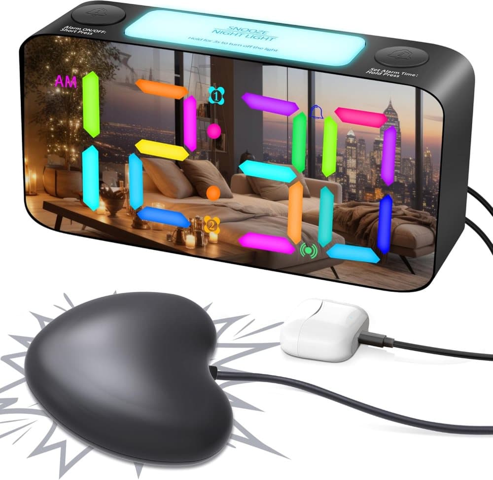 Vibrating Alarm Clock with Rainbow Heart Suspension 15-Color Display 7-Color Night Light USB Charger Power Failure Memory, Black - Image 1