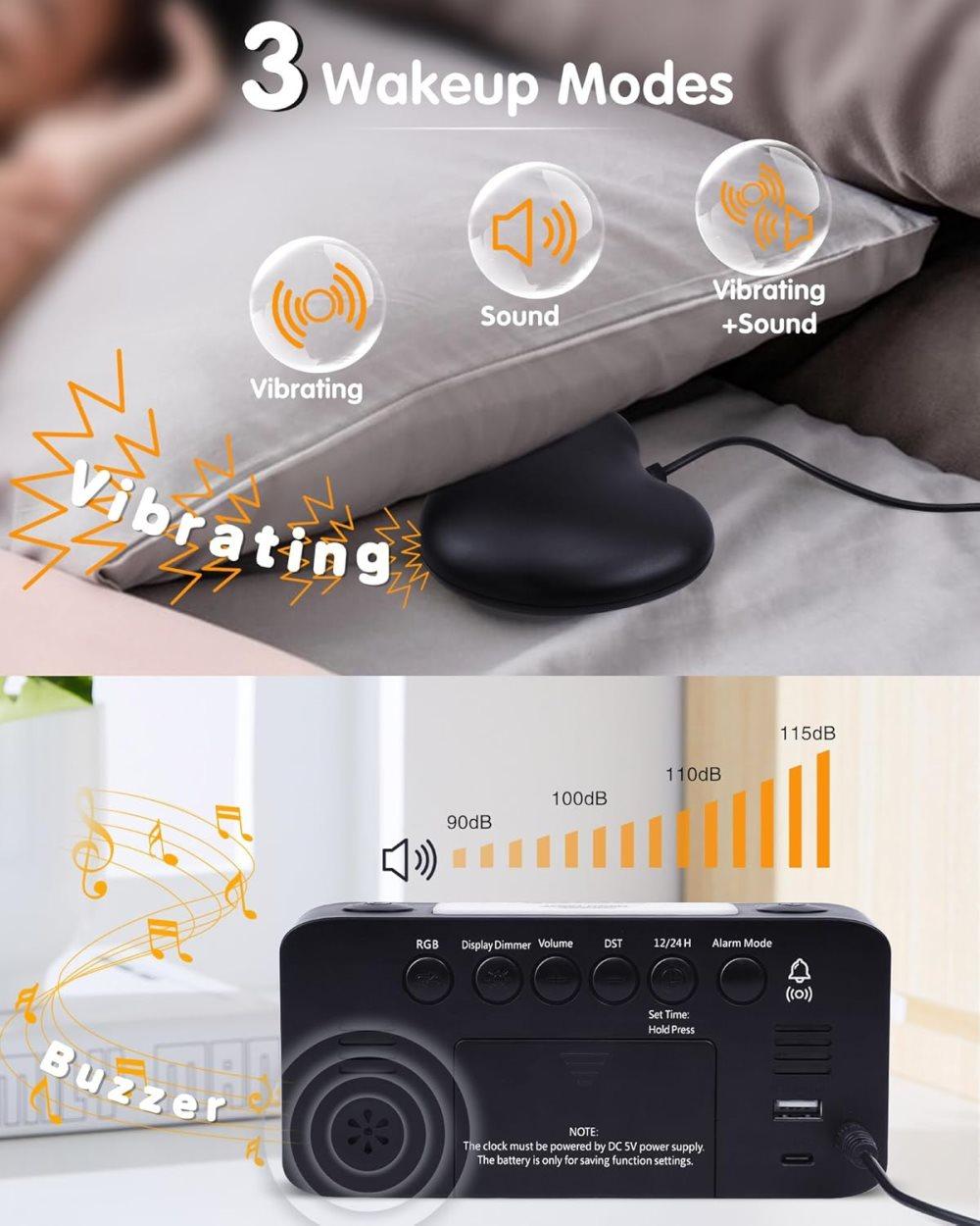 Vibrating Alarm Clock with Rainbow Heart Suspension 15-Color Display 7-Color Night Light USB Charger Power Failure Memory, Black - Image 2