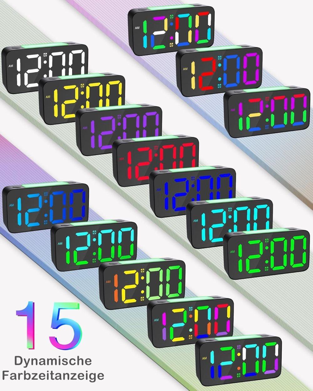 Vibrating Alarm Clock with Rainbow Heart Suspension 15-Color Display 7-Color Night Light USB Charger Power Failure Memory, Black - Image 3
