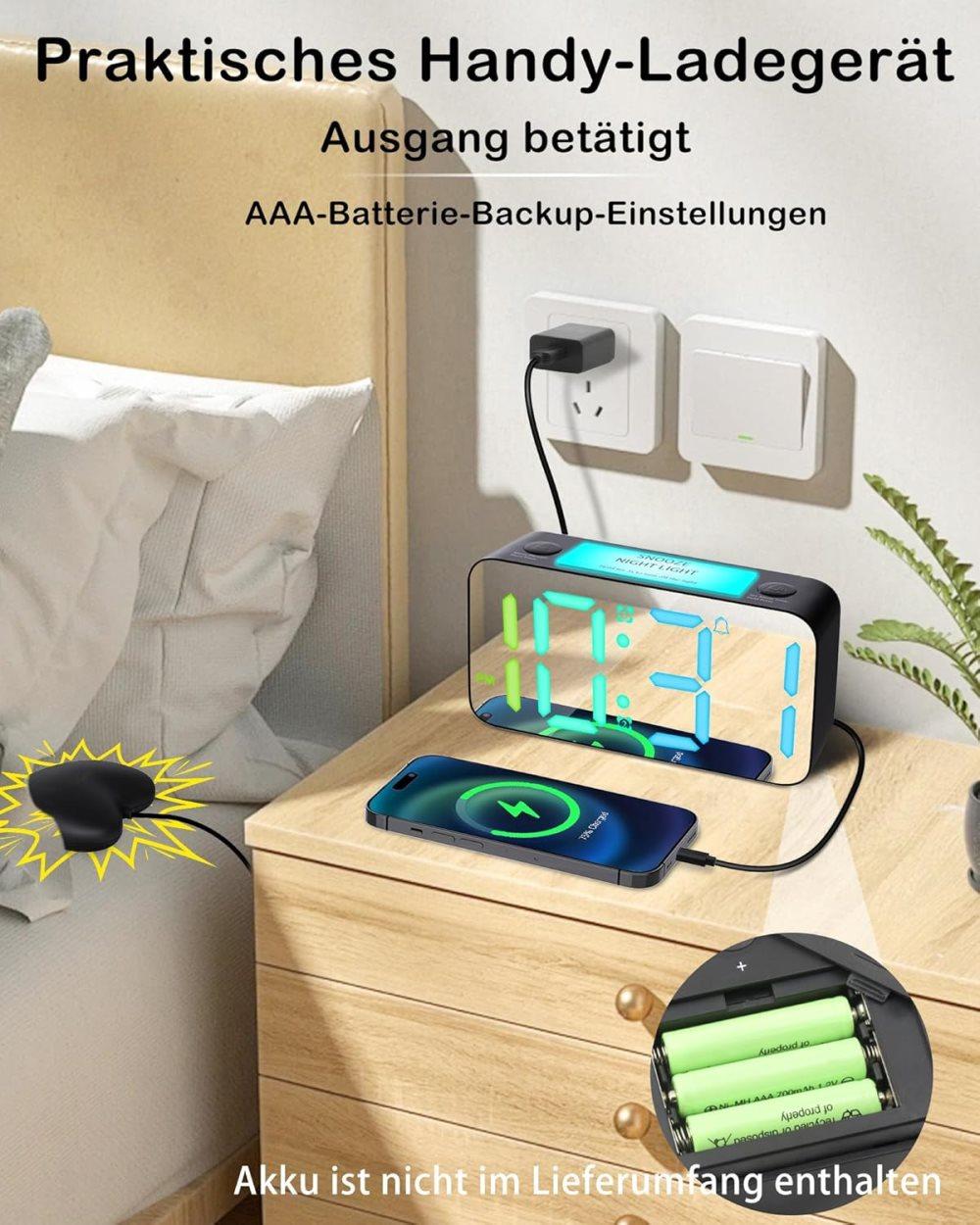 Vibrating Alarm Clock with Rainbow Heart Suspension 15-Color Display 7-Color Night Light USB Charger Power Failure Memory, Black - Image 6