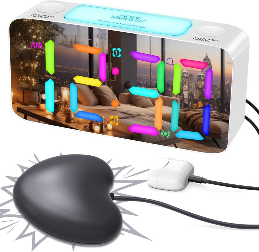 15-color display vibrating alarm clock with rainbow heart suspension, 7-color night light, USB charger, power failure memory, white - Image 1