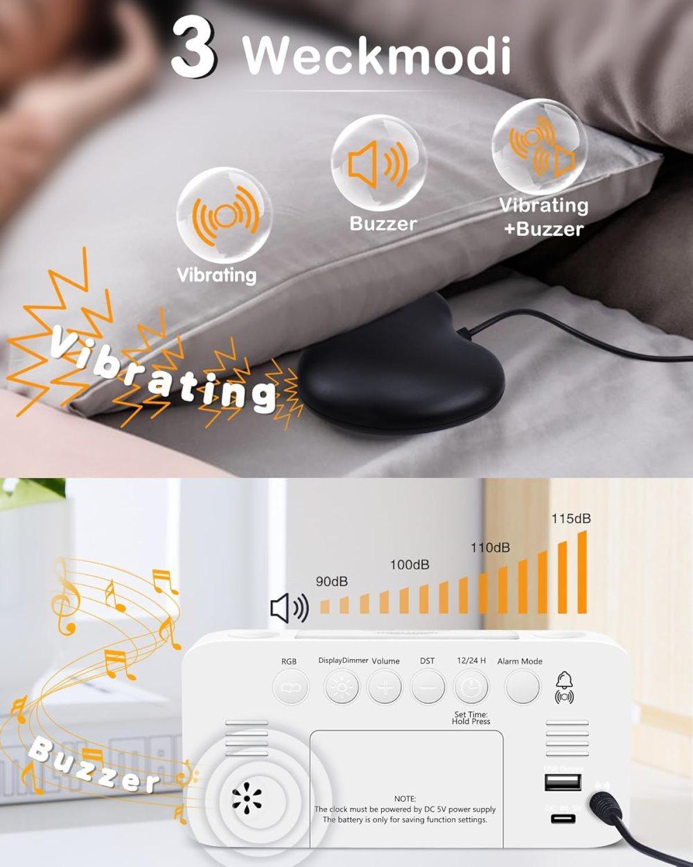 15-color display vibrating alarm clock with rainbow heart suspension, 7-color night light, USB charger, power failure memory, white - Image 2