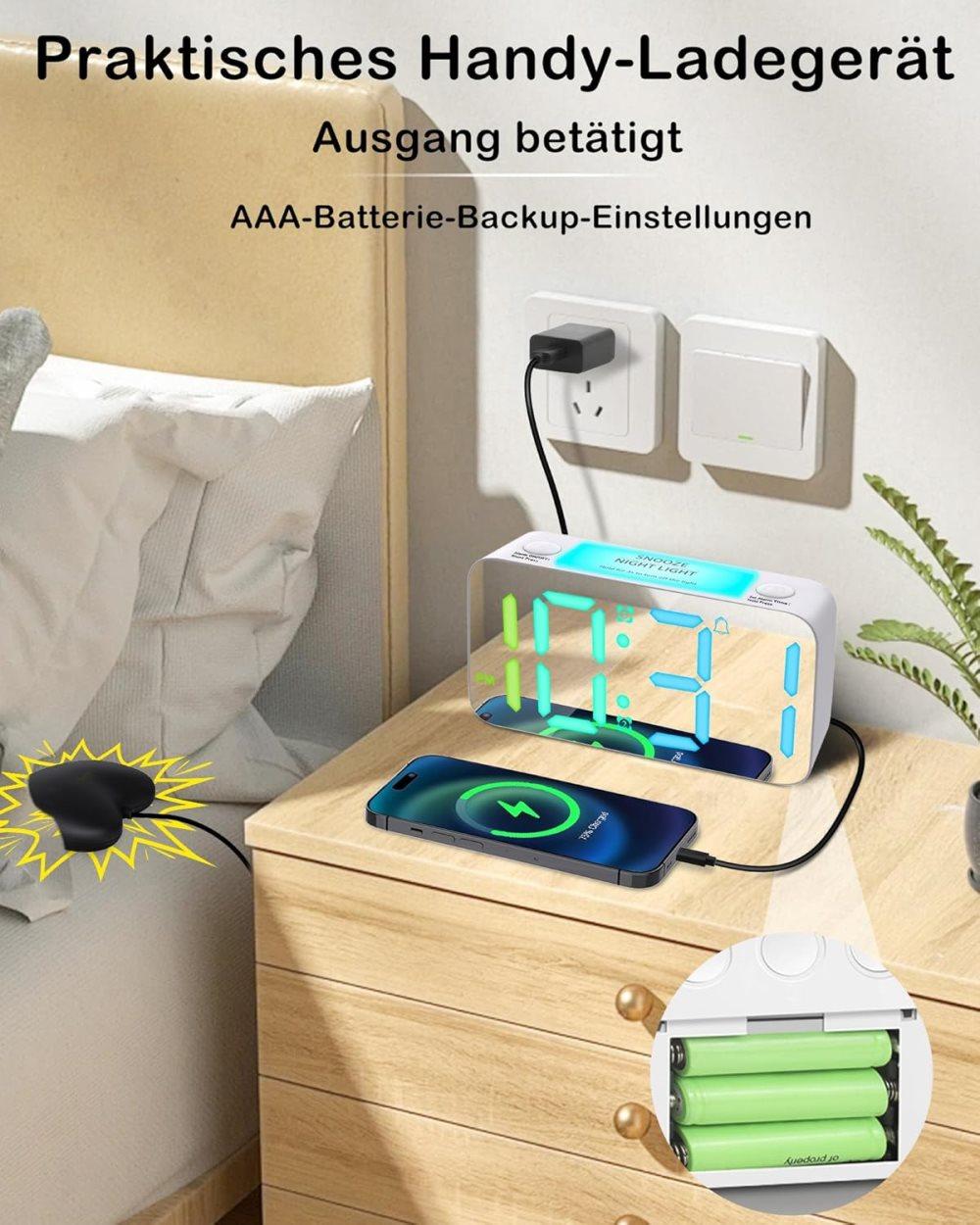 15-color display vibrating alarm clock with rainbow heart suspension, 7-color night light, USB charger, power failure memory, white - Image 6
