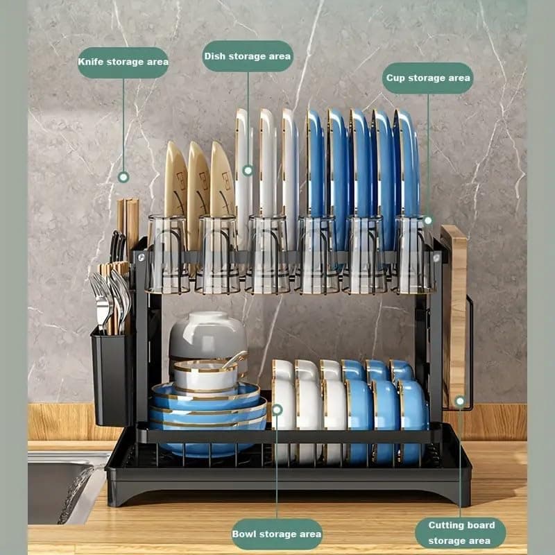 2-Tier Sink Rack with Utensil Holder and Drip Tray, Black, for Kitchen Sink Drain - Image 1