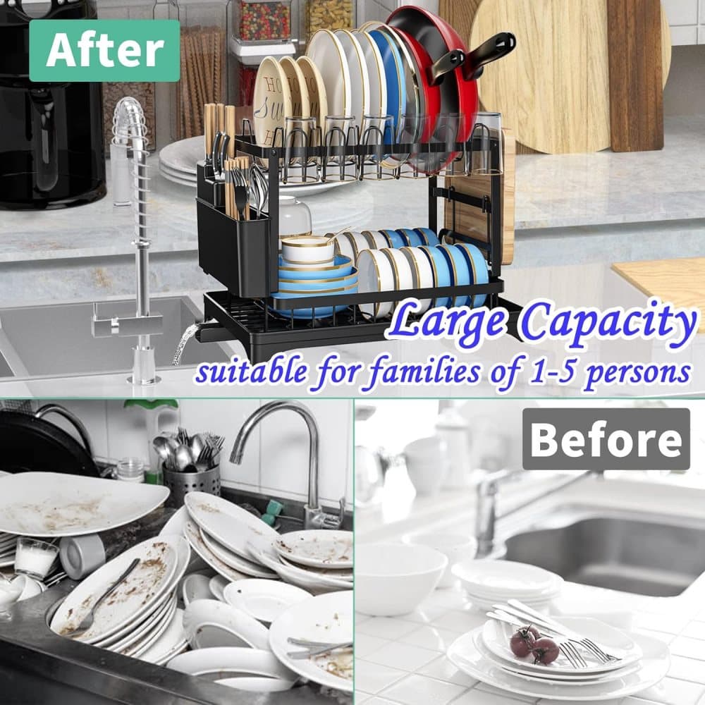 2-Tier Sink Rack with Utensil Holder and Drip Tray, Black, for Kitchen Sink Drain - Image 5