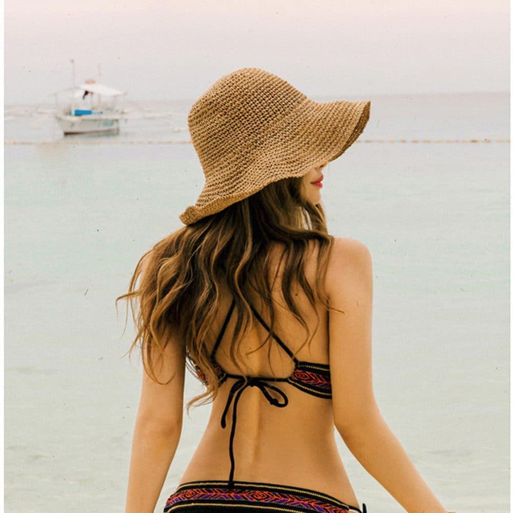 Women's Foldable Sun Hat Braided Wide Brim Beach Hat, Light and Breathable, 57-59 cm, Brown - Image 3