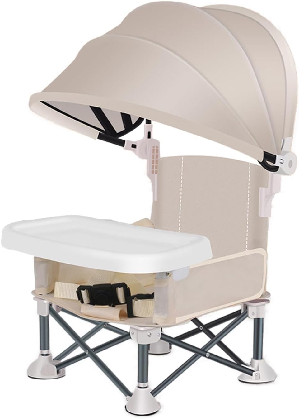 Foldable Highchair for Children with Sunshade and Removable Food Tray, Portable, Beige - Image 1