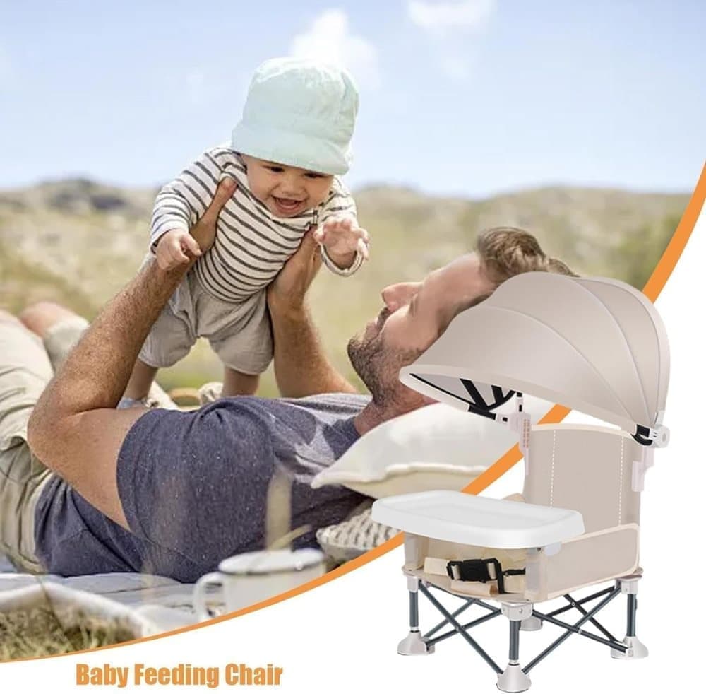 Foldable Highchair for Children with Sunshade and Removable Food Tray, Portable, Beige - Image 4